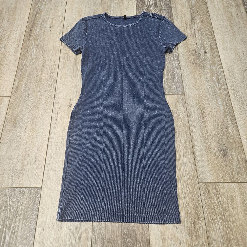 Only Acid Wash Ribbed Bodycon Tee Shirt Dress Blue Women's Medium